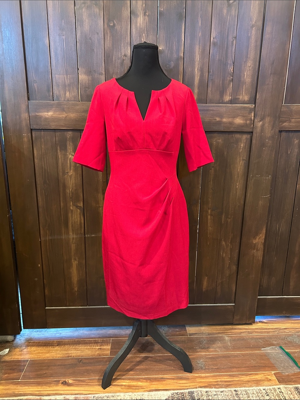 Adrianna Papell Vibrant Red Notch-Neck Midi Dress